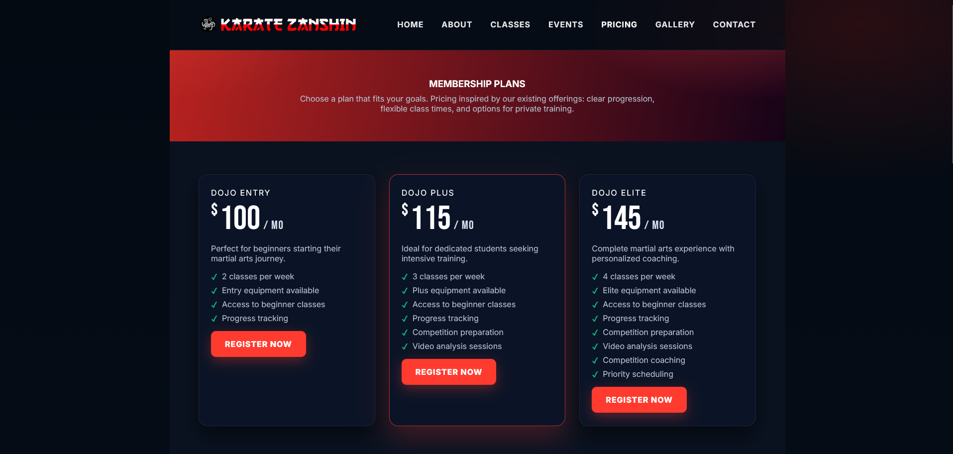 Karate Zanshin Academy Pricing Page