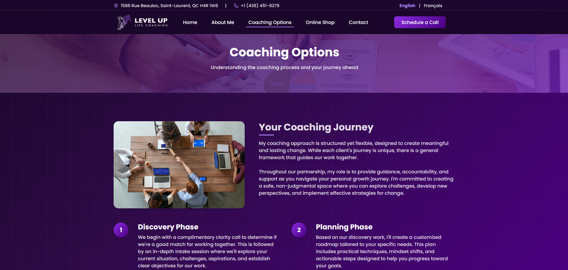 Level Up Coaching Coaching Options Page